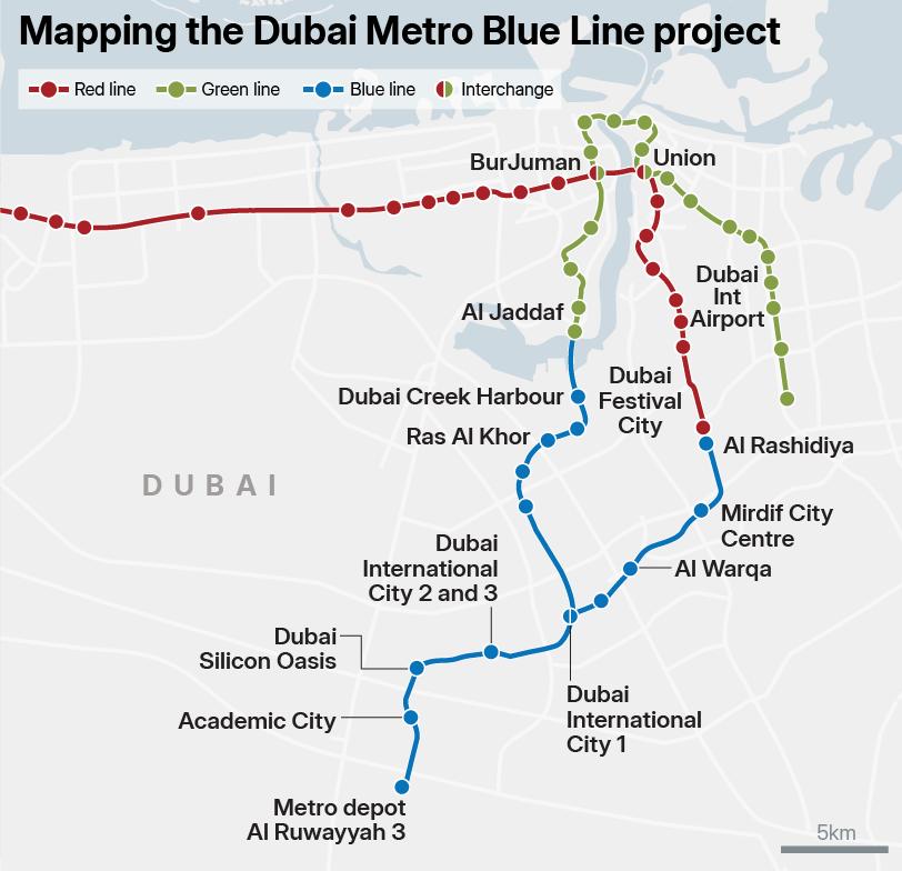 Dubai Metro Blue Line route and planned stations across Dubai